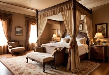  A luxurious and ornate bedroom with a large four-poster bed, antique furniture, and elaborate curtains and decor. The room has a warm, traditional and opulent feel.