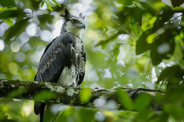 A rare harpy eagle perched high in the trees, scanning the forest floor for movement - obrazy, fototapety, plakaty
