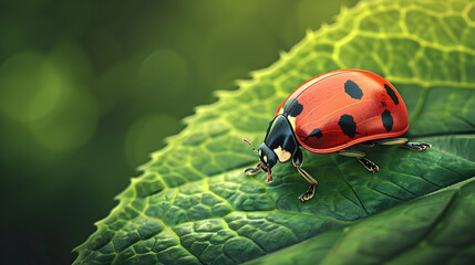 Photo realistic as Close up of a ladybug on a leaf concept as A vivid close up of a ladybug crawling on a leaf highlighting its bright colors against the green backdrop