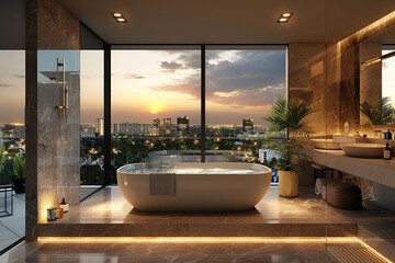 Luxurious bathroom features private balcony and city views.