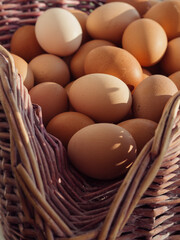 Vertical close up shot of a basket full of eggs. Each egg is radiating a sense of abundance and farm-fresh charm.