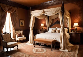  A luxurious and ornate bedroom with a large four-poster bed, antique furniture, and elaborate curtains and decor. The room has a warm, traditional and opulent feel.