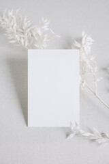 Natural 2x3 Card Mockup on Linen Backdrop with White Ruscus Branch