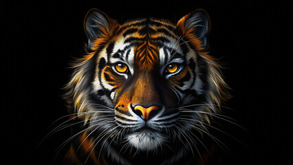 Fototapeta premium Close-Up Frontal View of Majestic Tiger’s Face Against Black Background - Detailed Depiction of Striking Amber Eyes and Distinctive Stripes, Highlighting the Fierce Appearance of the Species.