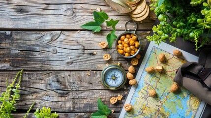 A wooden table is set with a delicious spread of food and a map, creating the perfect setting for planning a culinary road trip adventure AIG50