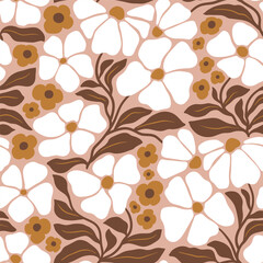Seamless vector pattern with hand drawn groovy vintage flowers. Perfect for textile, wallpaper or print design.