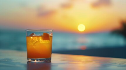 Close up on water drop beside blur orange cocktail glass and bar beach view