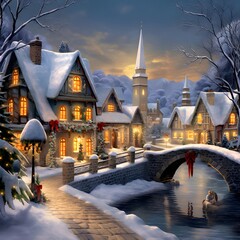Winter night in a small village. 3d rendering. Computer digital drawing.