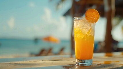 Close up on water drop beside blur orange cocktail glass and bar beach view