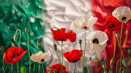 Red poppy flowers on background with Italy flag. Liberation day holiday. Festa della liberazione AI