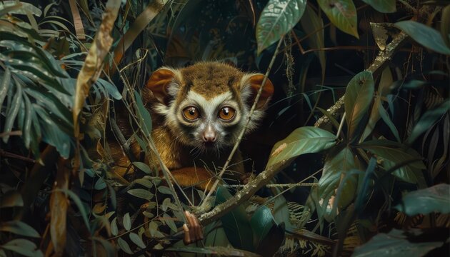 A slow loris emerging cautiously from dense jungle vines as it sniffs the air