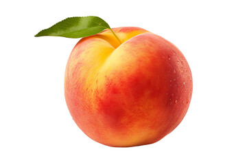 A juicy, ripe peach with a green leaf.