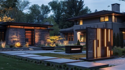 Twilight view of a craftsman house in slate grey, with a modern art installation and minimalist...