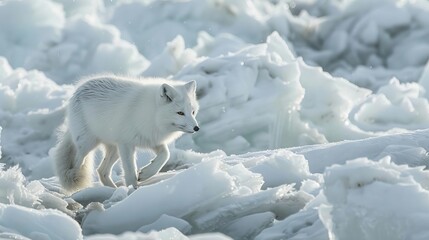 A snowwhite Arctic fox navigating icy terrain in search of shelter and prey