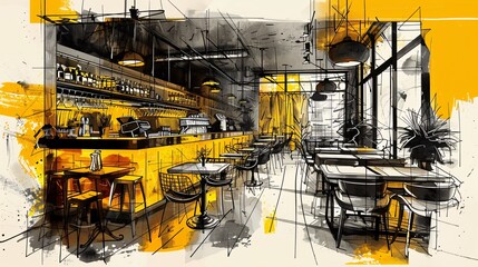 Hand-drawn sketch of a modern restaurant, crafted with black and yellow fineliner pens. Text space enhances the design