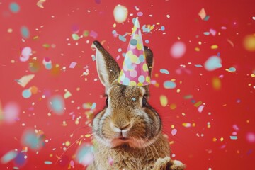 Celebrating Bunny Festive Rabbit Wearing Party Hat with Falling Confetti on Red Background