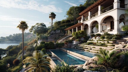 Mediterranean villa with a terraced pool cascading down a hillside, lush coastal landscape blending.