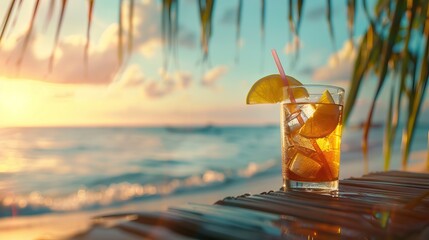 Summer cocktail on beach background.