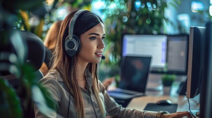 Woman in headphones working at computer desk