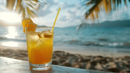 Summer cocktail on beach background.
