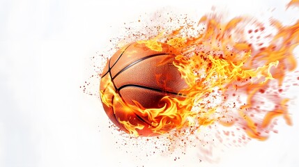 Flying basketball ball with fire flame trails, vector sport game background. sport ball flying in fire flames in white background, fireball burning in speed motion.