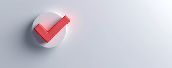 Banner with 3D Red check mark sign of success icon on a white background with copy space for text