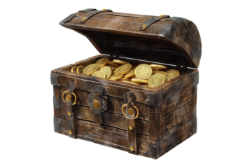 Treasure chest full of gold coins isolated on transparent background