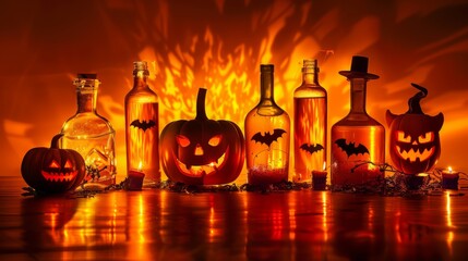 Artistic halloween decor: glass bottles, mini pumpkins on dark orange background with contour light. Creative concept for spooky party. Water reflection photography