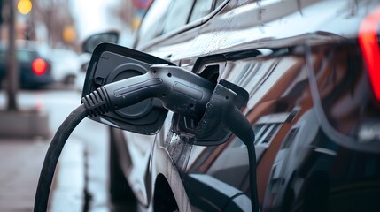 Electric Vehicle Charging Plugged into Charger on City Street