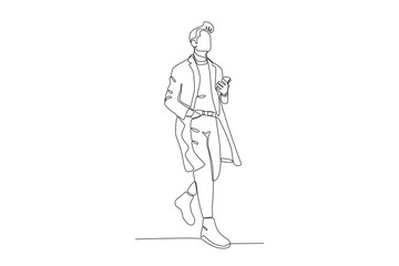 Continuous one line drawing of Man wearing a sweater and long coat jacket. Stylish accessories man and women. Dynamic one line draw graphic design vector illustration
