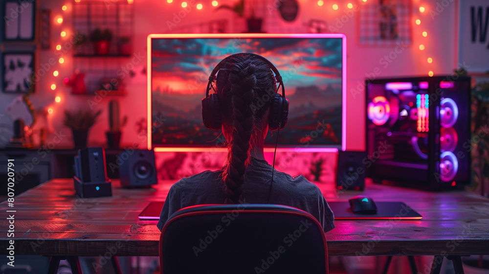 Poster wide gaming console table image with colorful neon busy room background and a game player in front o