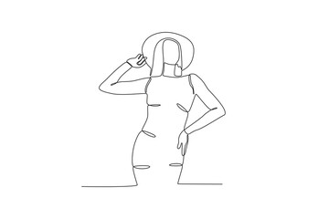 Continuous one line drawing of Woman wearing a dress and round hat. Stylish accessories man and women. Dynamic one line draw graphic design vector illustration
