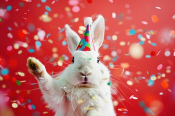 Cute white rabbit wearing a colorful party hat surrounded by confetti on a vibrant red background