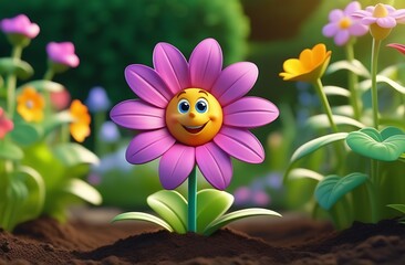 Cute pink daisy flower sits in the ground and smiles against the background of the garden, the sun shines on the petals, a children's cartoon style illustration