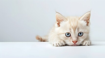 Cute Cream Kitten with Blue Eyes Lying on White Background