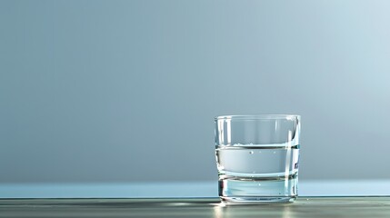 Clear Glass of Water on Reflective Surface with Blue Background