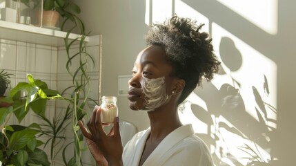 African American Woman in Face Mask Standing in Front of Potted Plant Outdoors during Pandemic