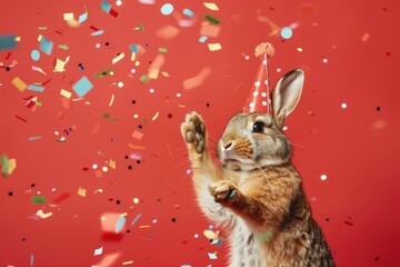 Happy Birthday Bunny Celebrating with Confetti on Red Background