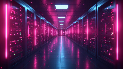 illustration banner of server room in data center full of telecommunication equipment,concept of big data storage and cloud hosting technology.