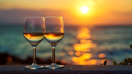 Two White Wine Glasses Overlooking Ocean Sunset with Bokeh Reflection