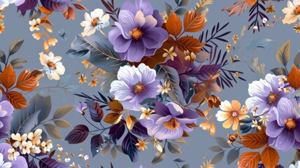 Obraz premium Vibrant Floral Pattern with Purple and Orange Blooms on Blue Background