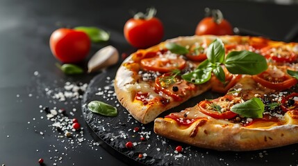 Pizza with Fresh Tomatoes, Basil, and Cheese on Black Slate