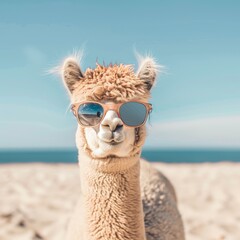 Naklejka premium A tight shot of a llama donning sunglasses on a sandy beach Behind it, a tranquil body of water merges with a expansive, cloud-speck