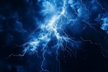 Obraz premium Lightning bolt or electric thunderbolt strikes in a stormy and cloudy blue night sky isolated on a dark background. Generative AI.