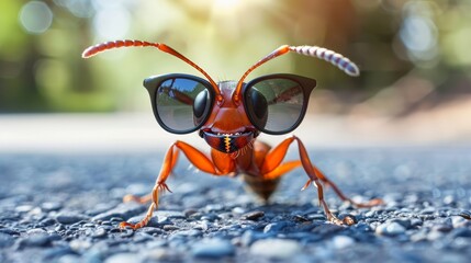   A tight shot of a small orange insect donning sunglasses atop its head, alongside a pair of sunglasses resting on its face