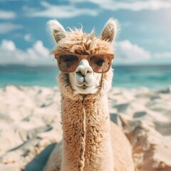 Fototapeta premium A tight shot of a llamasdonning sunglasses on a sandy beach Behind them, the expansive ocean and blue sky