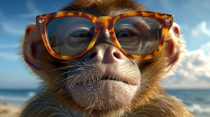   A tight shot of a monkey wearing glasses, set against a backdrop of tranquil water