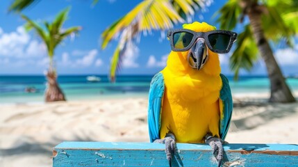   A parrot in yellow and blue feathers wears sunglasses on a beach Palm trees line the shore, and the ocean lies behind as a tranquil backdrop