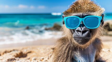   A tight shot of a monkey donning sunglasses on a sandy beach against an expanse of ocean and a clear blue sky