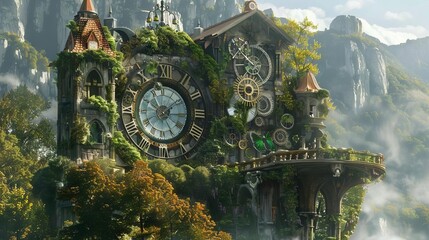 A whimsical clock tower where gears emerge from the walls like vines, turning slowly in rhythm